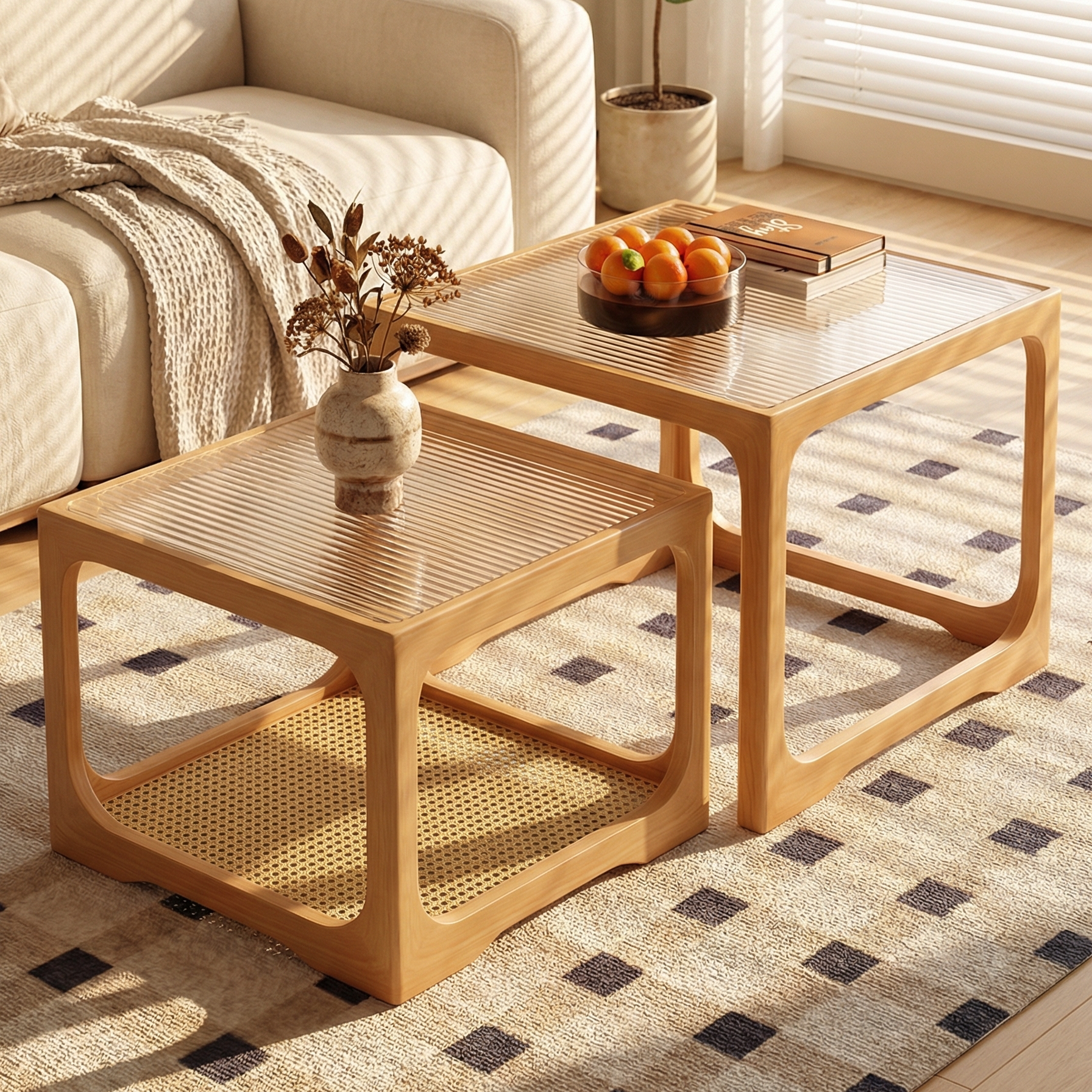 客厅小户型茶几日式藤编客厅简约桌子实木茶桌子方形组合玻璃茶几