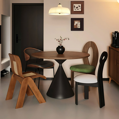 实木餐椅法式人鱼钥匙椅藤编椅混搭伊姆斯椅中古风编织靠背椅子