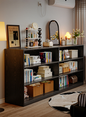 实木矮柜落地储物柜一体靠墙黑色床头书架置物架床边卧室收纳书柜