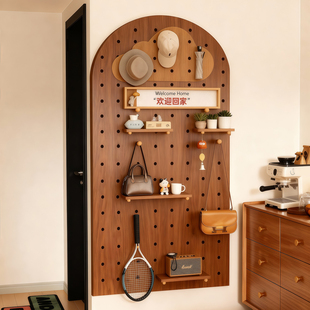 实木洞洞板门后置物架定制造型墙面装 饰玄关挂衣收纳挂板木质配件