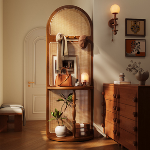 法式屏风入户正对门玄关新型隔断实木藤编侘寂挂衣帽架穿堂风遮挡