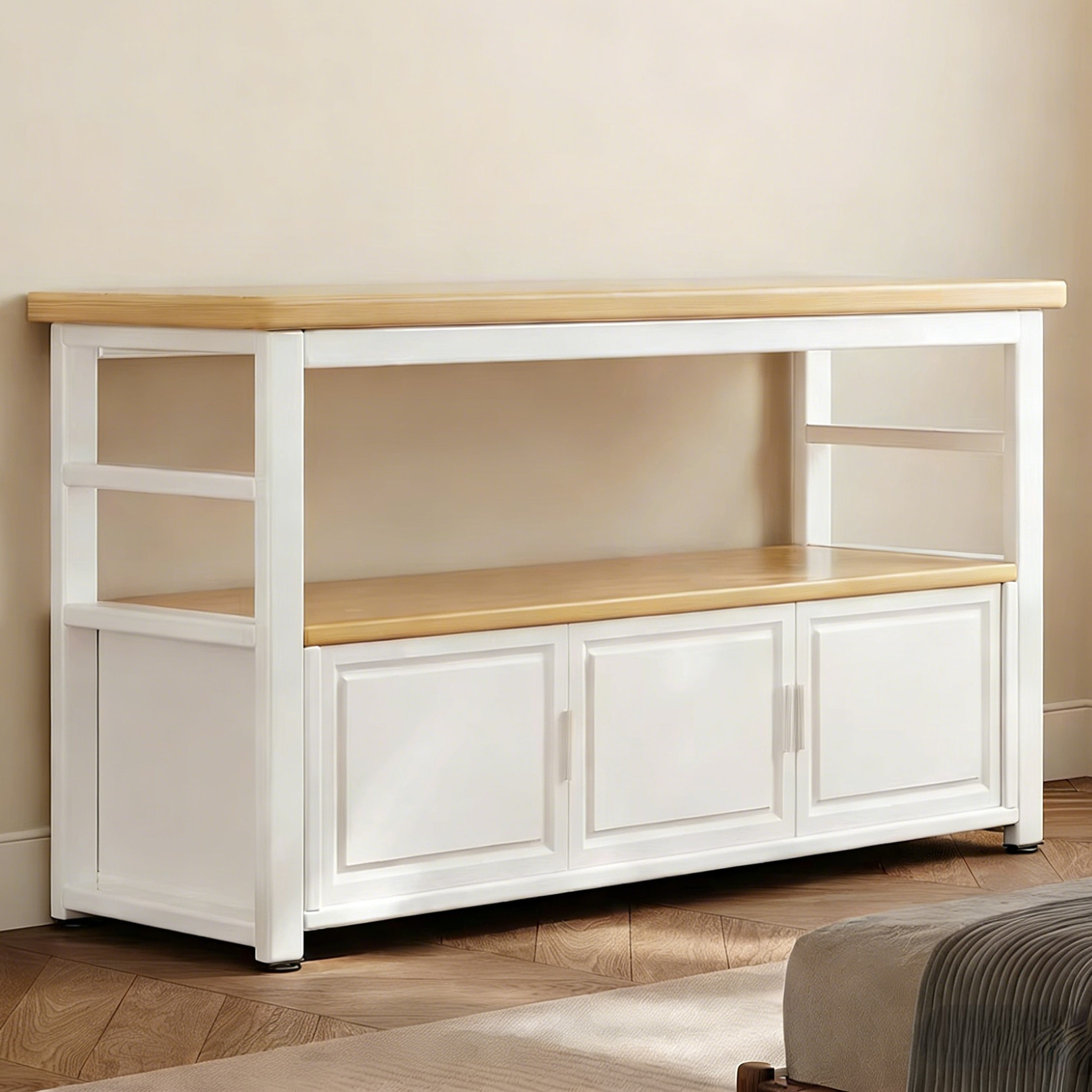 卧室床尾收纳柜大容量置物架中古风矮柜木板桌面收纳架金属承重柜,住宅家具,搁板/置物架/家用陈列架,淘宝优惠券,粉丝福利购,淘宝优惠卷