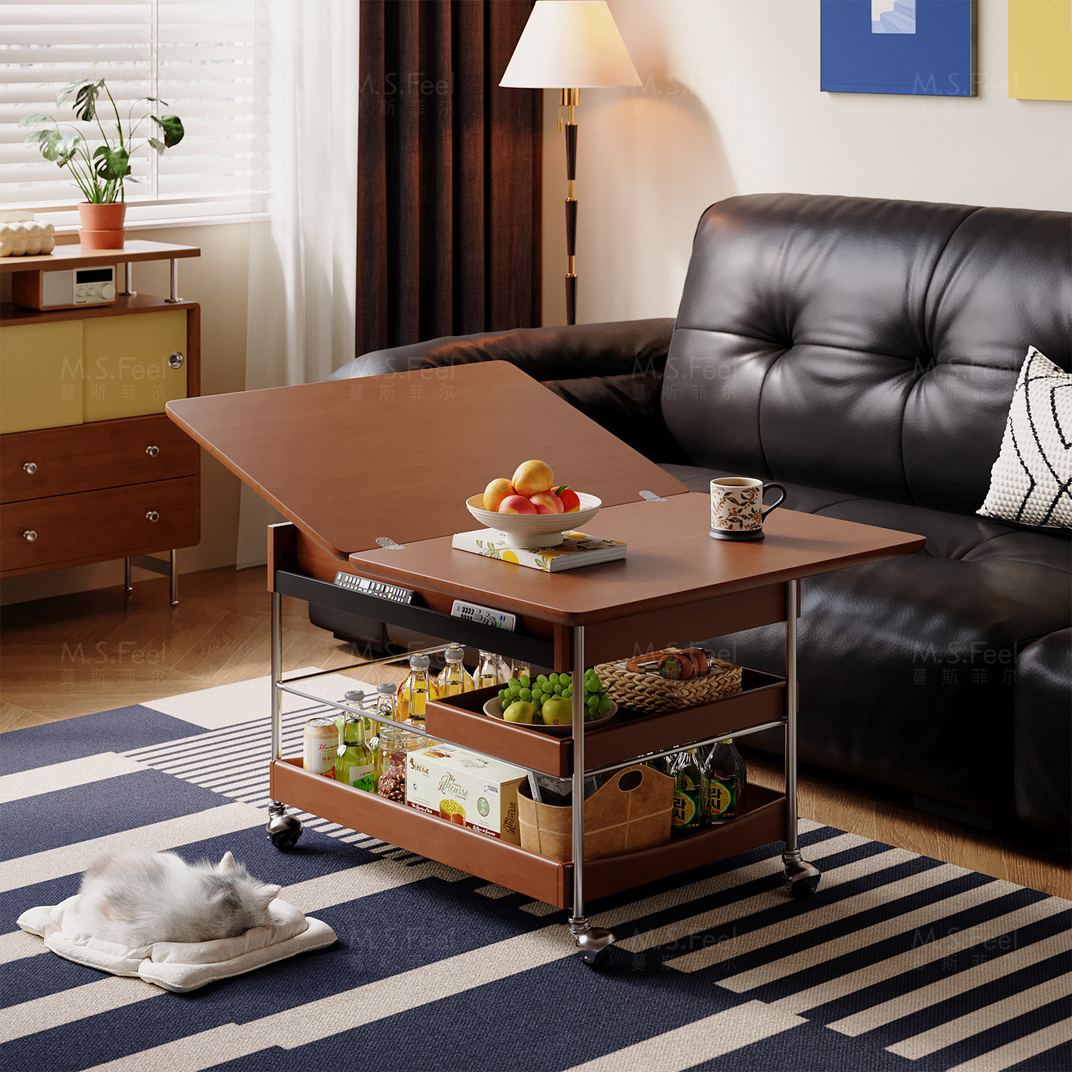 茶几国家补贴客厅家用小型实木茶桌中古风折叠小推车移动沙发边几