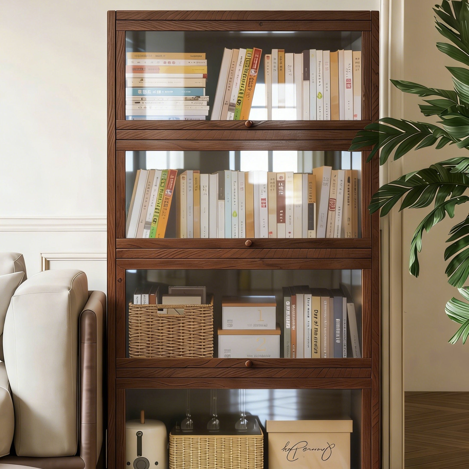 实木书柜储物柜沙发边柜防尘书架一体胡桃木色收纳柜落地置物柜子,住宅家具,书架,淘宝优惠券,粉丝福利购,淘宝优惠卷