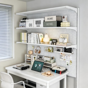 书桌洞洞板免打孔置物架立式落地学生家用电脑桌金属收纳展示架子