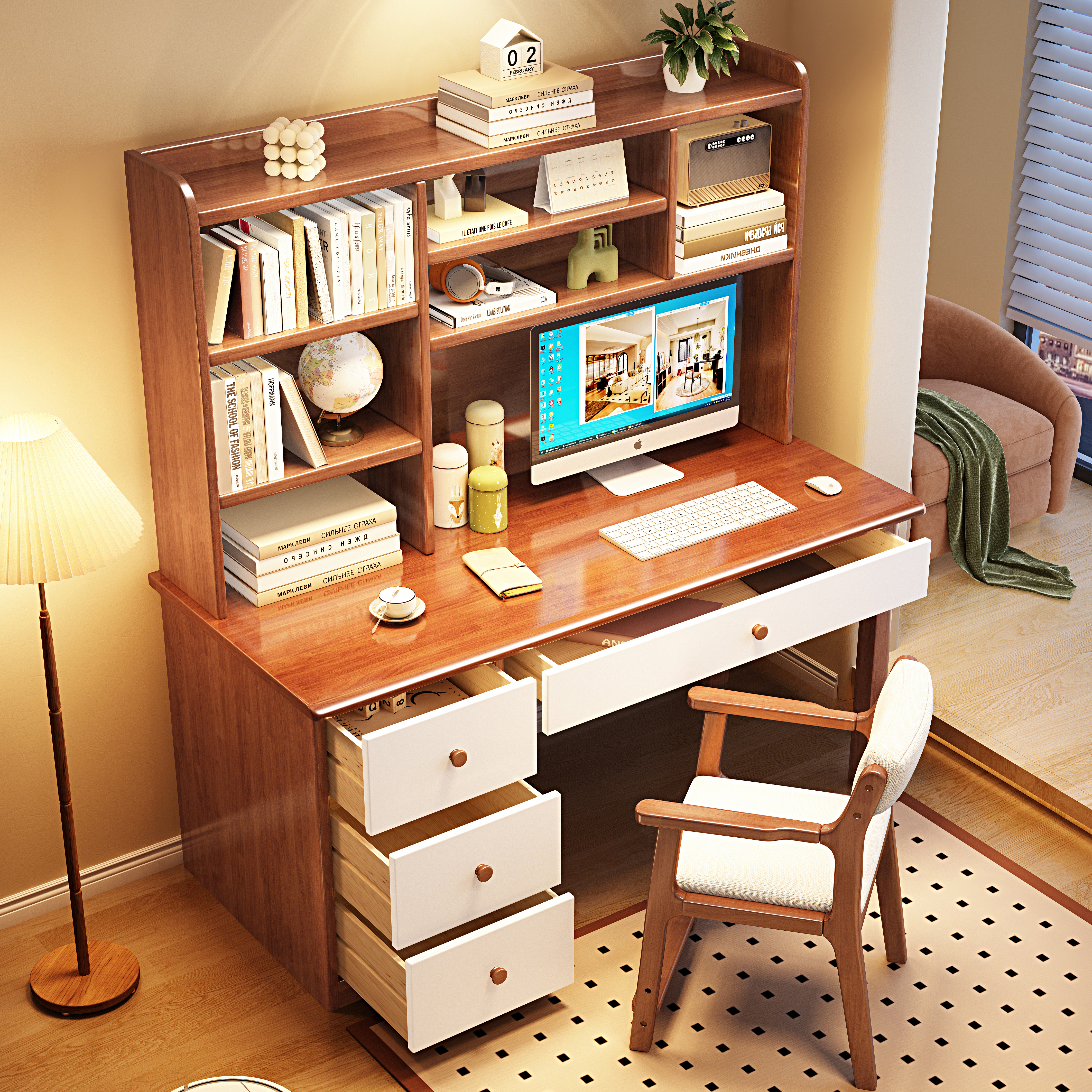 复古书桌书架一体书房带书柜靠墙办公桌工作台带抽屉实木电脑桌