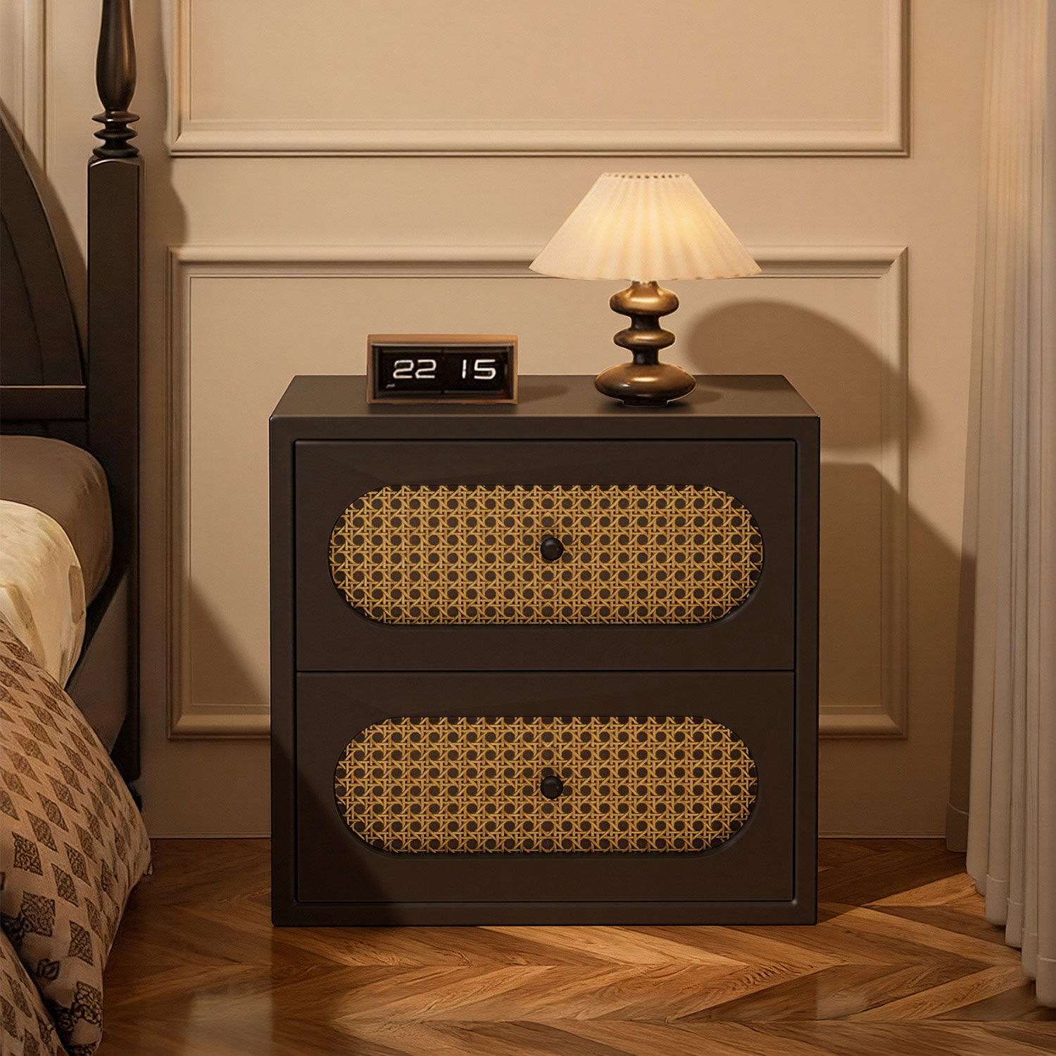 复古床头柜藤编家用卧室中古风小型床边柜黑色收纳储物柜宋氏美学