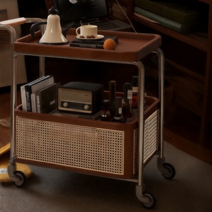 中古风可移动边几实木小推车小户型客厅家用沙发边收纳置物架餐车
