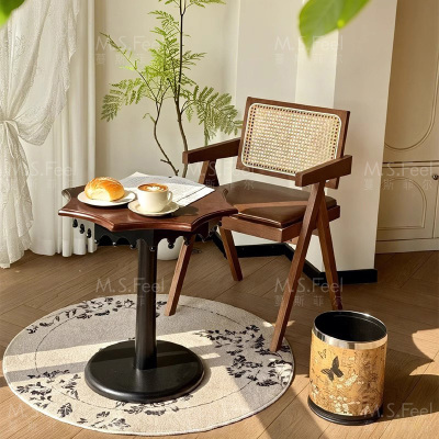 阳台休闲椅中古藤编扶手靠背椅子实木餐椅喝茶咖啡昌迪加尔餐桌椅