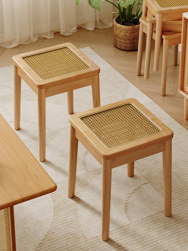 实木藤编凳子家用可叠放方凳板凳餐厅简约备用餐凳中古餐桌高椅子,住宅家具,矮凳,淘宝优惠券,粉丝福利购,淘宝优惠卷