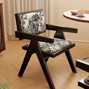 昌迪加尔椅实木餐椅家用法式覆古软包扶手靠背椅子休闲 奶茶店藤