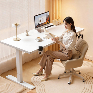 实木台式电脑桌可升降白色书桌学习桌简约长条桌学习办公桌工作台