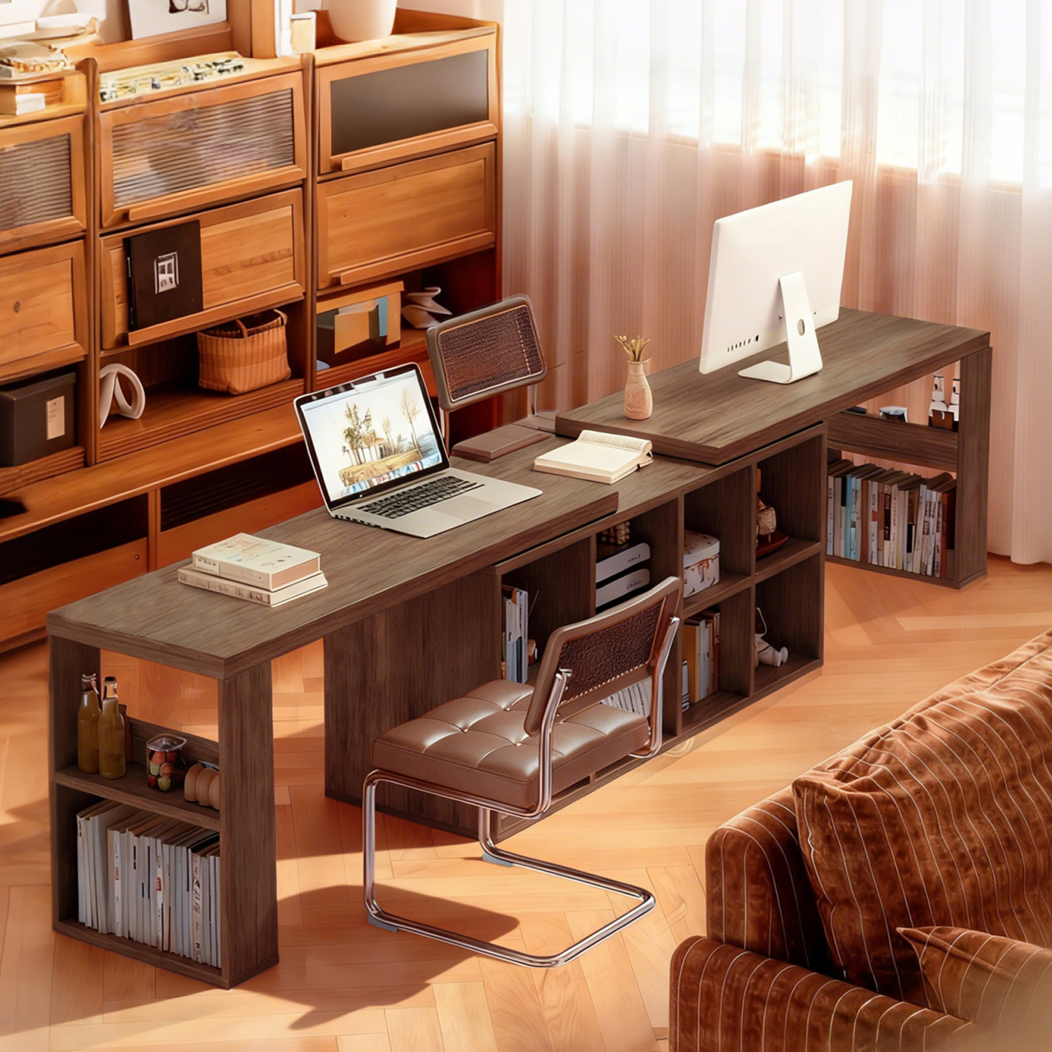 双人书桌书柜一体家用长条学习桌