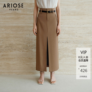 艾诺丝雅诗 40713524 复古高腰前开衩中长直筒通勤半身裙女秋季
