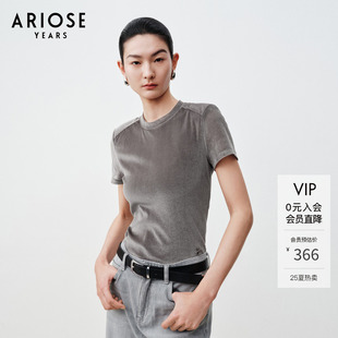 40426053 艾诺丝雅诗 短袖 丝绒质感针织T恤女正肩圆领修身 上衣夏季