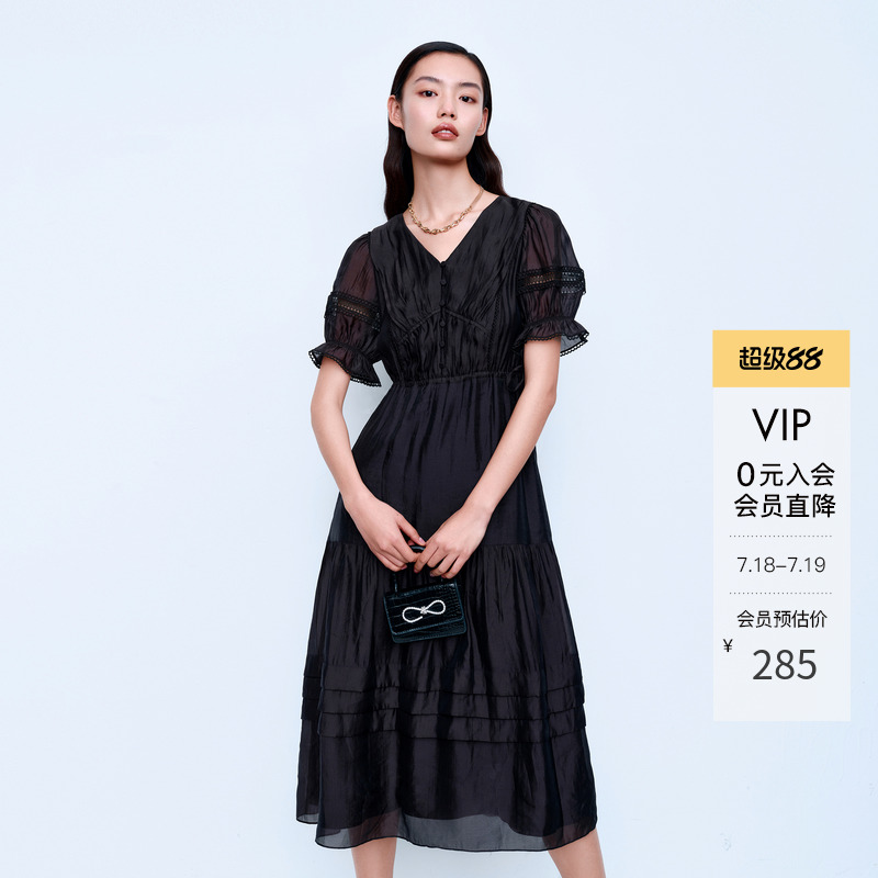 艾诺丝雅诗 法式高级感褶皱V领泡泡袖连衣裙女显瘦长裙夏20519041