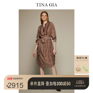 新品 丝棉混纺复古棕印花连衣裙女装 GIA天纳吉儿2023秋季 TINA 裙子