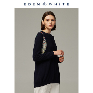 女圆领双层拼接设计复古印花针织衫 圣雪绒2019秋冬新品 精纺羊绒衫