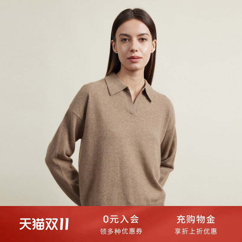 圣雪绒22秋冬新款女POLO领纯色羊绒衫简约OL风通勤套头针织衫