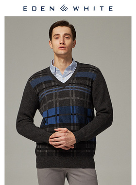 圣雪绒2019秋冬新品羊绒衫男士V领苏格兰格纹提花加厚休闲针织衫