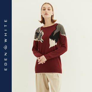 手绘动物图案复古打底针织衫 圣雪绒2021秋冬新款 女圆领提花羊绒衫