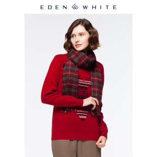 圣雪绒秋冬新款100%山羊绒暗红黑白格纹流苏围巾