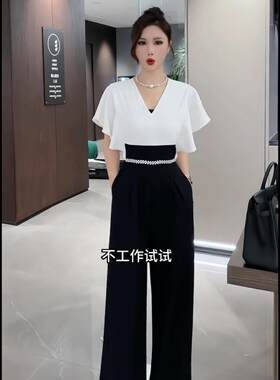 高腰长裤连体裤黑白撞色