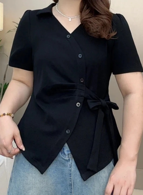 大码女装2025夏季洋气胖mm新款不规则V领百搭收腰修身显瘦短袖T恤