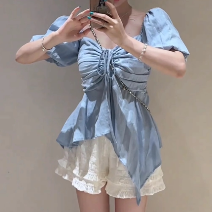 大码法式泡泡袖衬衫女夏季新款短袖收腰衬衣胖MM遮肉显瘦别致上衣