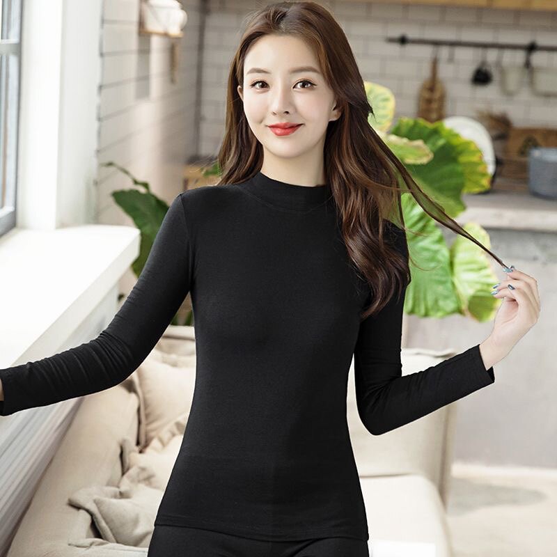 가을 옷 긴 내복 여성용 면 양복 학생 여아 얇은 보온 속옷 여성용 미드 하이 칼라 슬림 스웨터 겨울 베이스
