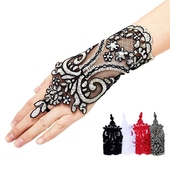 手背防晒手套婚庆欧美新娘结婚勾指短款 蕾丝绣花绑带金黑服饰手袖