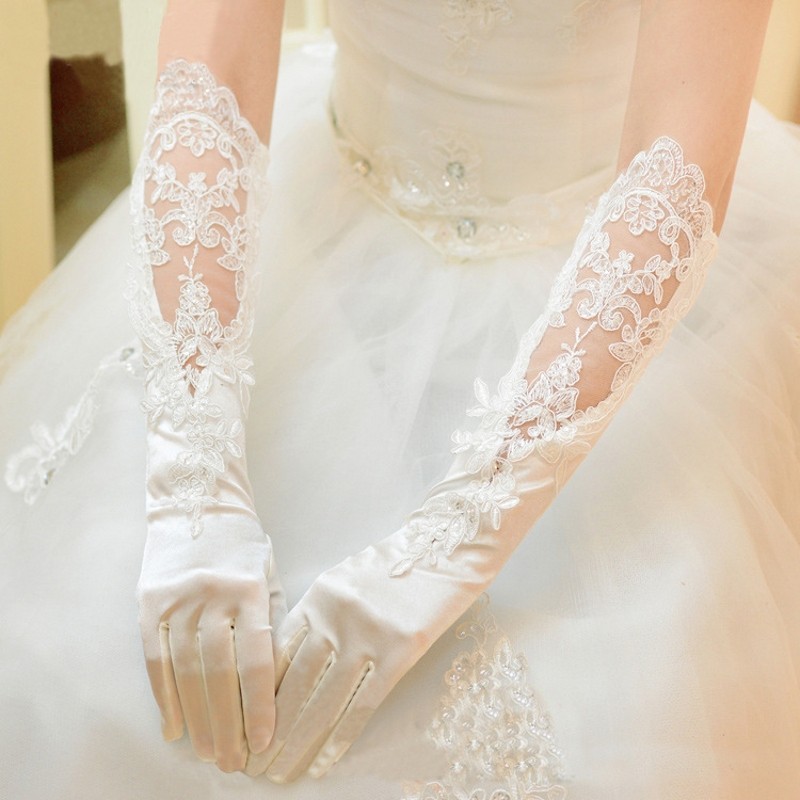 2025新款新娘婚纱手套结婚礼服缎面蕾丝长款白色韩版全指春秋冬季