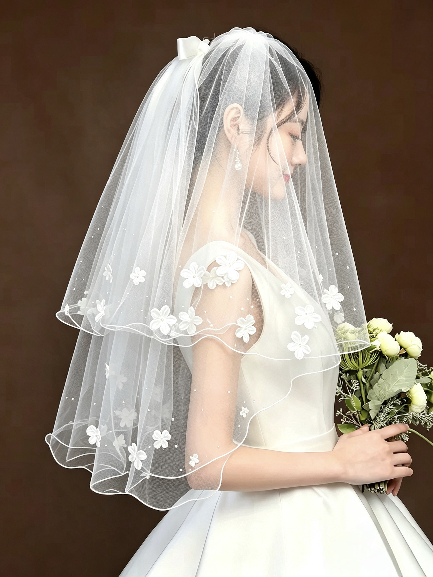 头纱新娘主婚纱结婚高级感花朵珍珠蓬蓬纱礼服头饰领证旅拍照道具