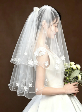 头纱新娘主婚纱结婚高级感花朵珍珠蓬蓬纱礼服头饰领证旅拍照道具
