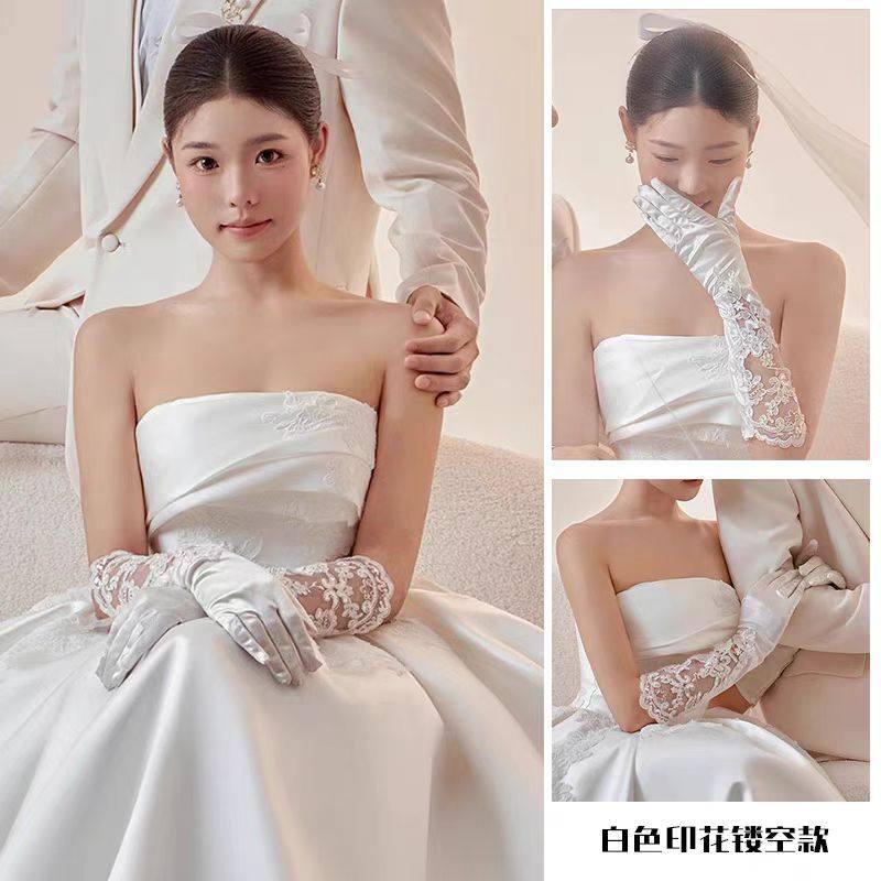 白色新娘婚纱手套结婚礼服气质缎面蕾丝长款优雅韩版全指春秋冬季