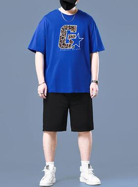 男士夏装套装新款搭配宽松加肥加大男款裤子蓝色印花休闲运动短袖