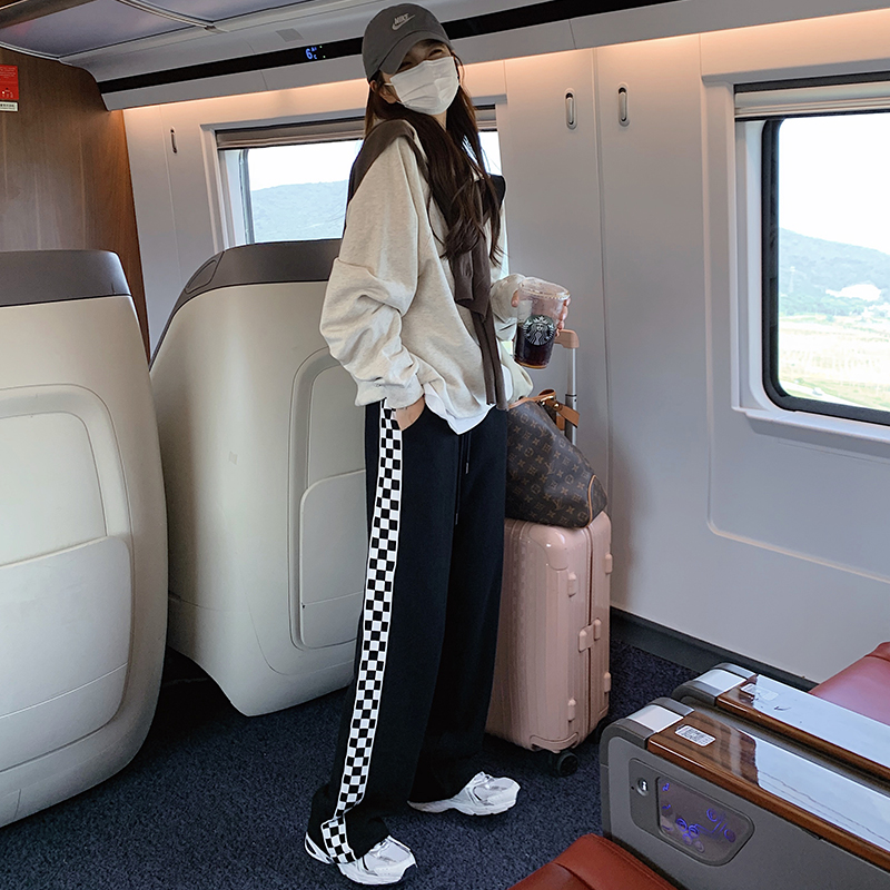 黑色棋盘格子阔腿裤女春秋冬宽松直筒运动裤加绒加厚显瘦休闲卫裤
