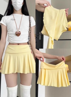 黄色运动网球裙女夏季2025新款高腰显瘦百褶裙美式辣妹防走光短裙
