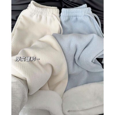 羊羔绒人字纹阔腿裤加绒加厚棉裤