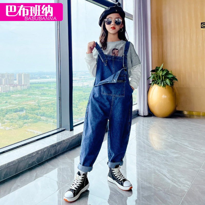 女童背带裤2024新款秋装儿童牛仔裤女孩裤子春秋款大童时髦潮洋气
