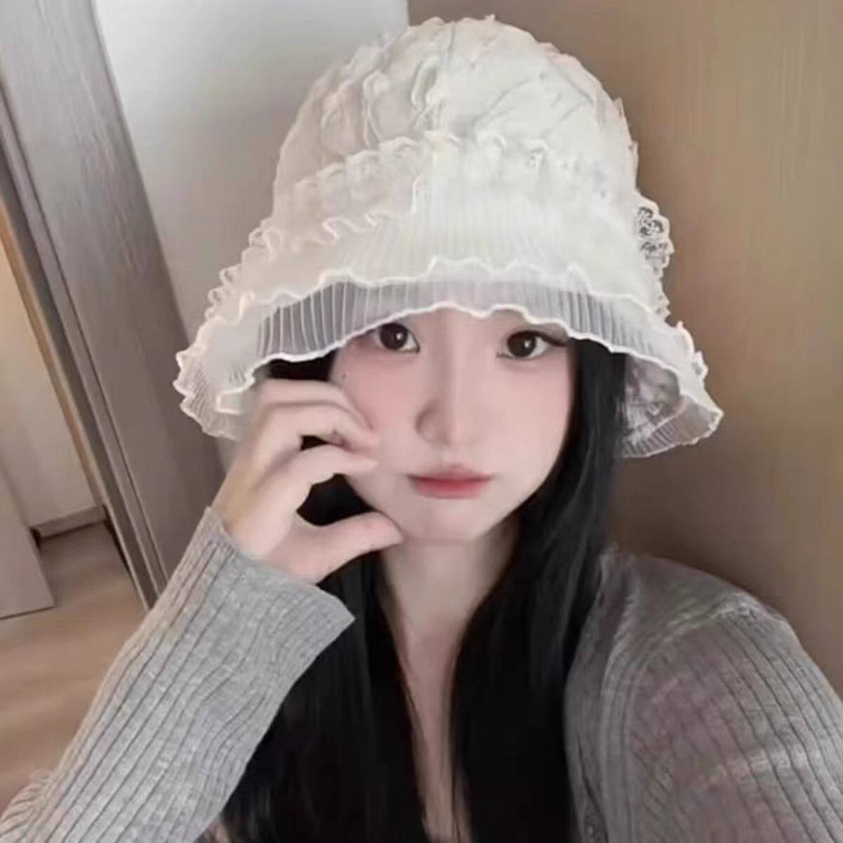 高级感蕾丝拼接渔夫帽子女春夏季
