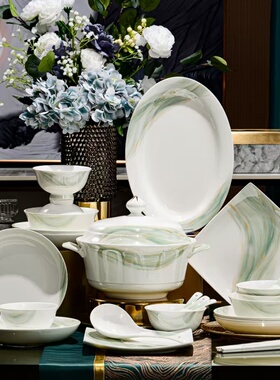 唐山骨瓷餐具盘碗碟勺筷子套装 6人餐静语流年简约家用散件可微波