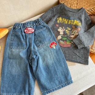 2026春季新款女童小众纯棉卡通长袖洋气T恤儿童卫衣牛仔裤套装潮