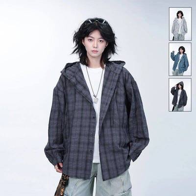 深灰色连帽格子长袖衬衫美式复古情侣衬衣男女款夏季户外防晒外套