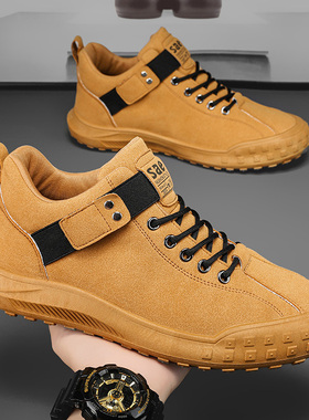 中帮男鞋冬季潮流百搭软底休闲运动鞋男士一脚蹬防滑马丁靴男黄色