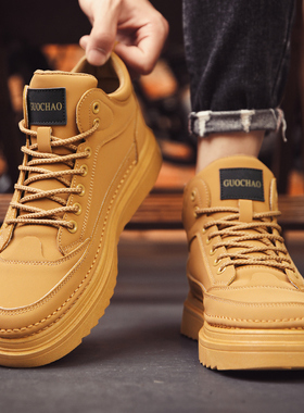 高帮鞋男春季高级感休闲皮鞋男款中帮潮牌运动板鞋增高马丁靴黄色