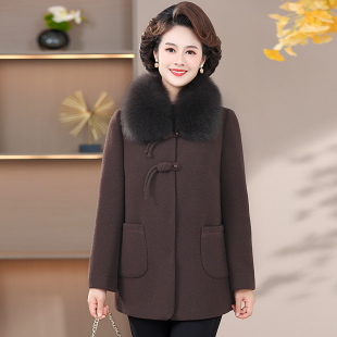 雪貂绒毛呢外套妈妈装 2023新款 中式 秋冬季 翻领呢子大衣 中老年女装