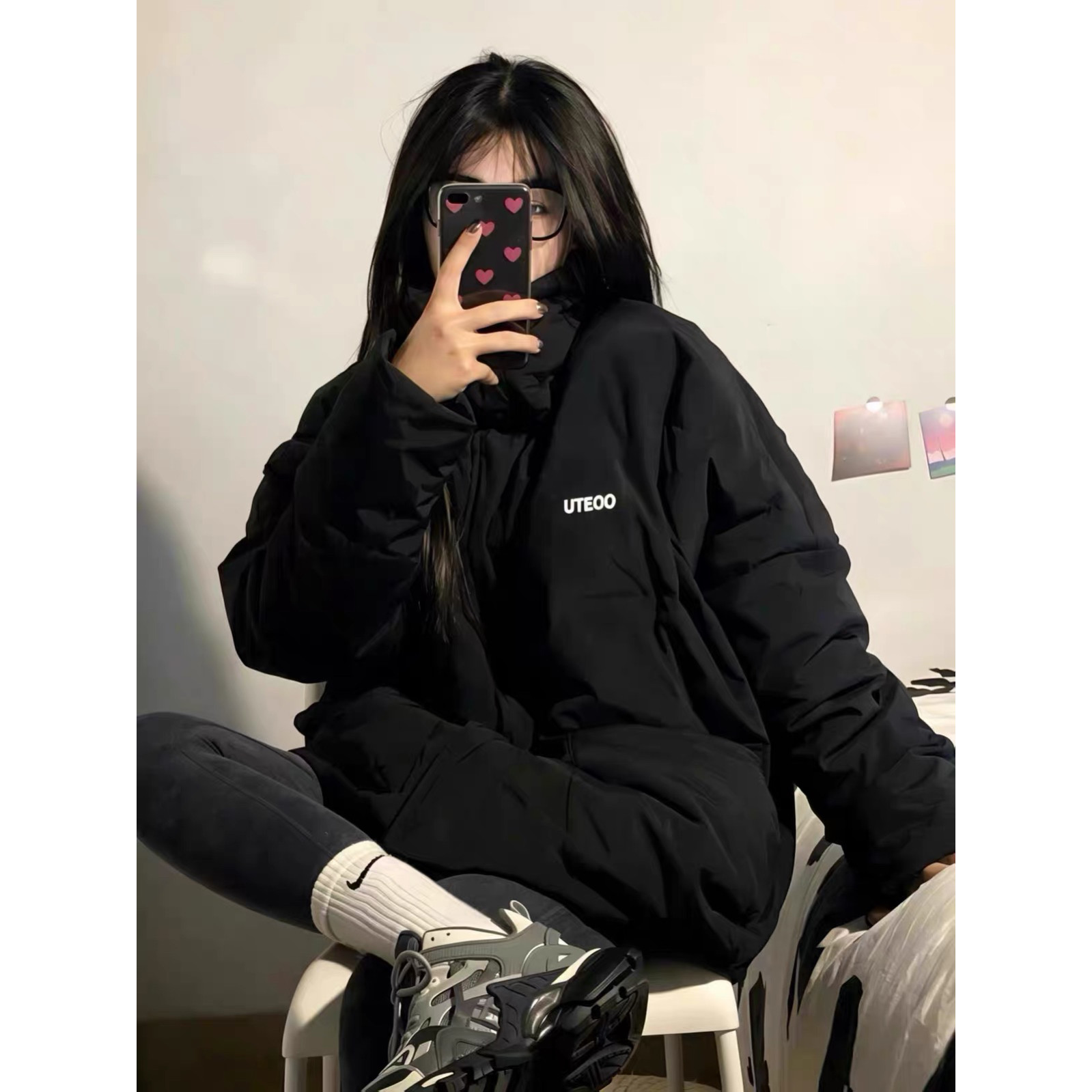 美式复古黑色立领羽绒棉服女大童冬季初中高中学生宽松面包服外套