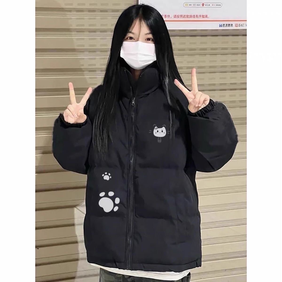 美式街头羽绒棉服女冬季纯黑色高中生宽松不臃肿夹棉防寒立领棉衣