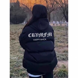 美式黑色羽绒棉服女秋冬季新款个性潮流初中生宽松立领学生面包服